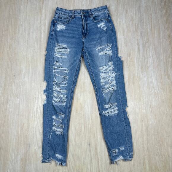 American Eagle Stretch Mom Jean Distressed Ripped Casual High Rise Denim Jeans 2 - Picture 1 of 16